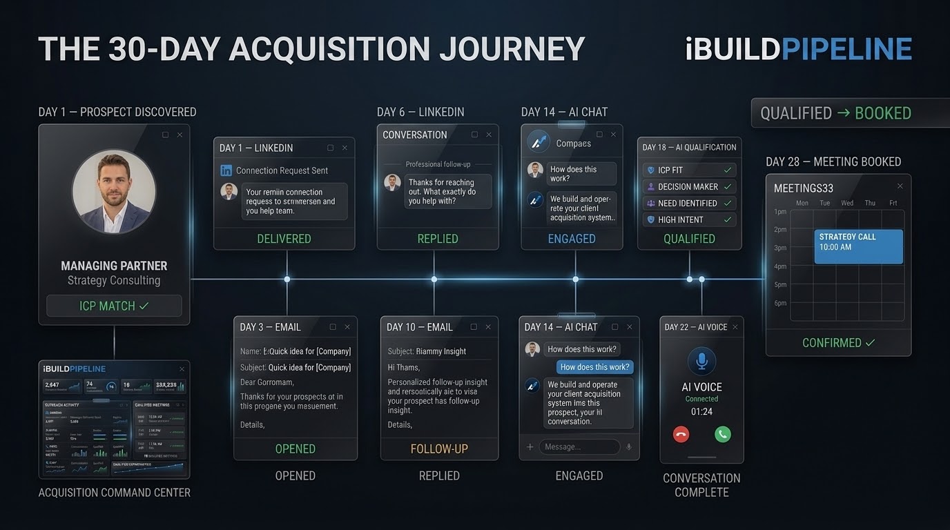 The 30-day acquisition journey from prospect discovery to a confirmed booked meeting